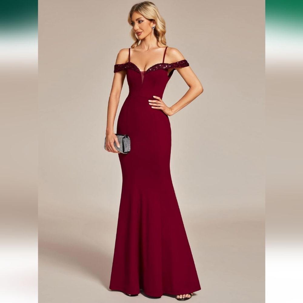 NWT Ever-Pretty V-Neck Sequin Mermaid Off Shoulder Burgundy Dress Size 4